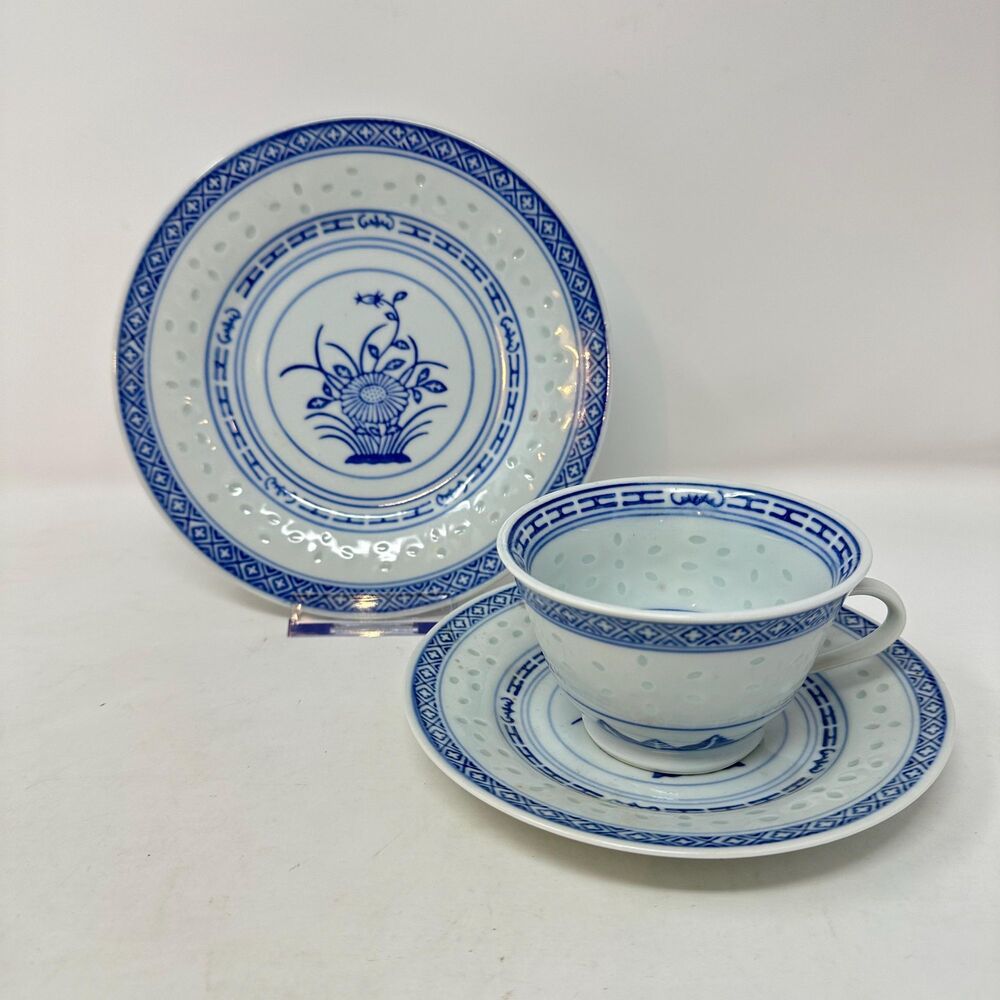 Vtg Jingdezhen Chinese Rice Grain Blue White Porcelain Tea Cup Saucer Trio Set